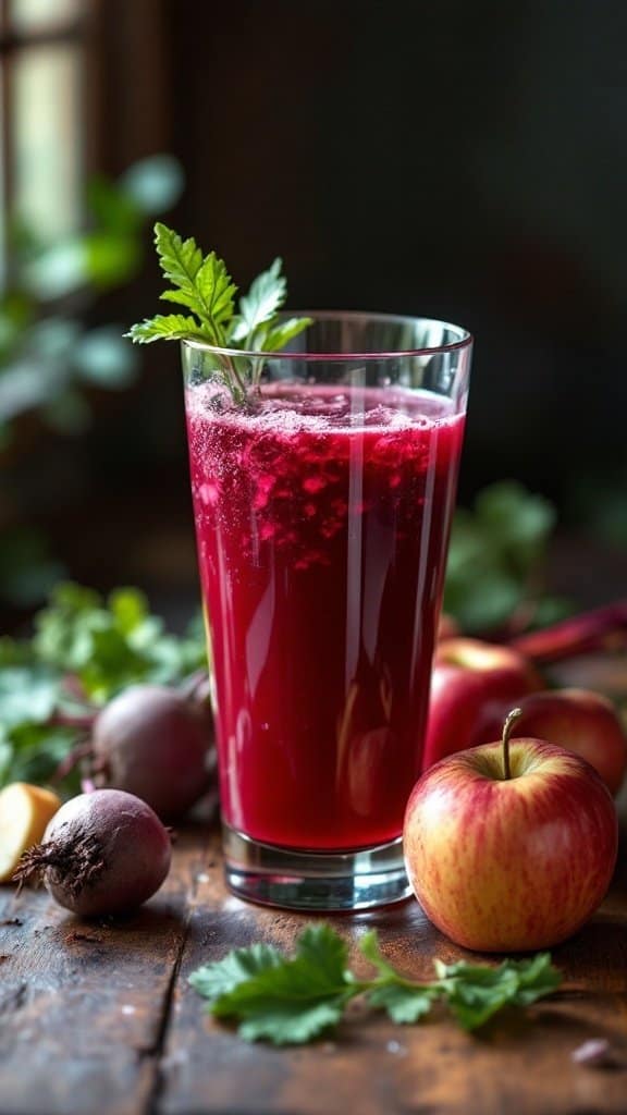 A refreshing glass of beetroot and apple juice with fresh ingredients around it.