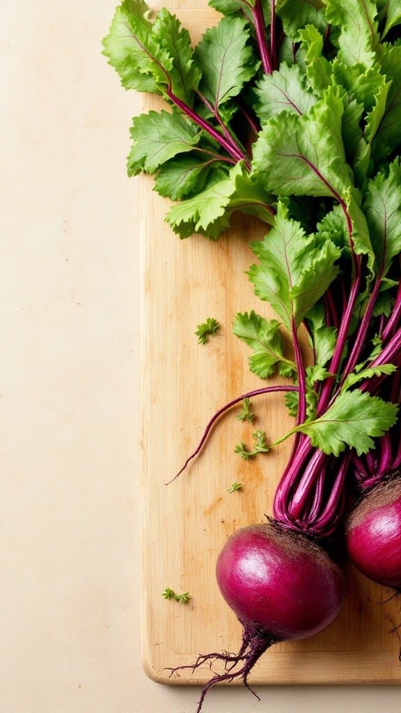 Fresh beets with greens on a wooden cutting board