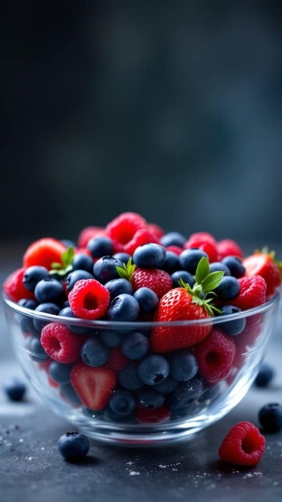 A bowl filled with a colorful assortment of fresh strawberries, blueberries, and raspberries.