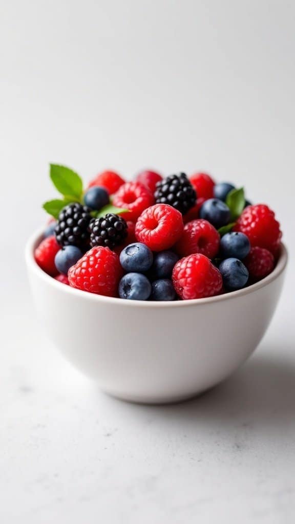 A bowl filled with a vibrant mix of blueberries, raspberries, and blackberries.