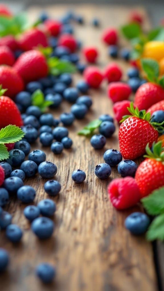 A colorful assortment of strawberries, blueberries, and raspberries on a wooden background