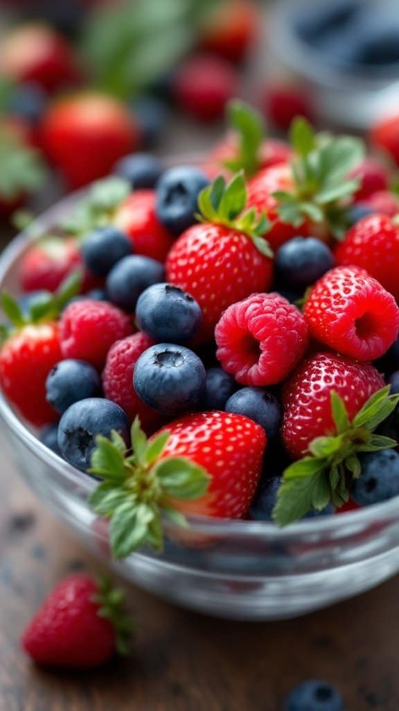A bowl filled with fresh strawberries, blueberries, and raspberries