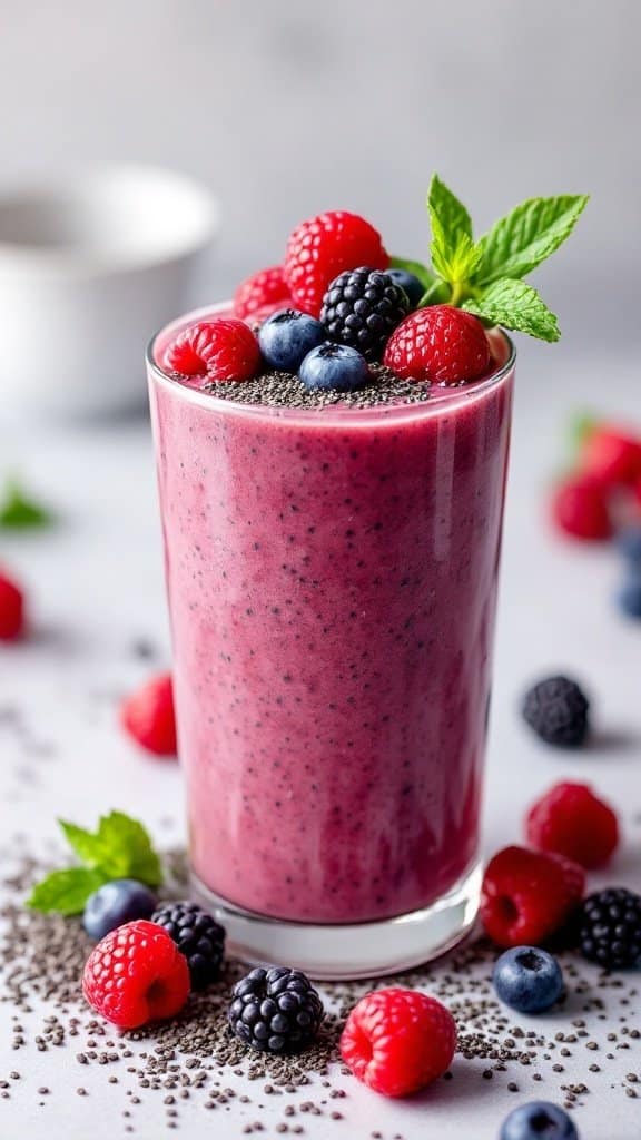A colorful Berry Blast Smoothie topped with fresh berries and chia seeds in a glass.