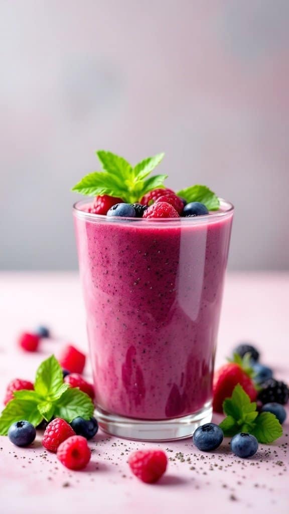 A colorful Berry Blast Smoothie in a glass, topped with raspberries, blueberries, and mint leaves.