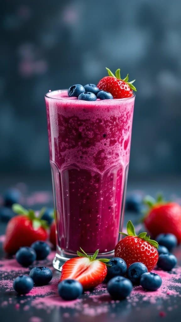A tall glass of Berry Blast juice with blueberries and strawberries on a dark background