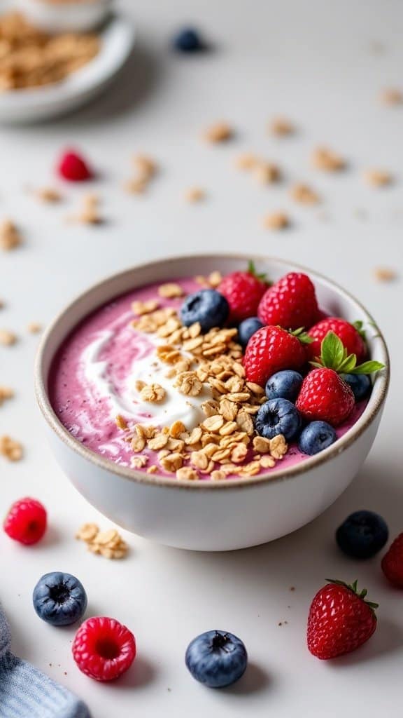 A bowl of berry coconut yogurt smoothie topped with granola and fresh raspberries and blueberries.