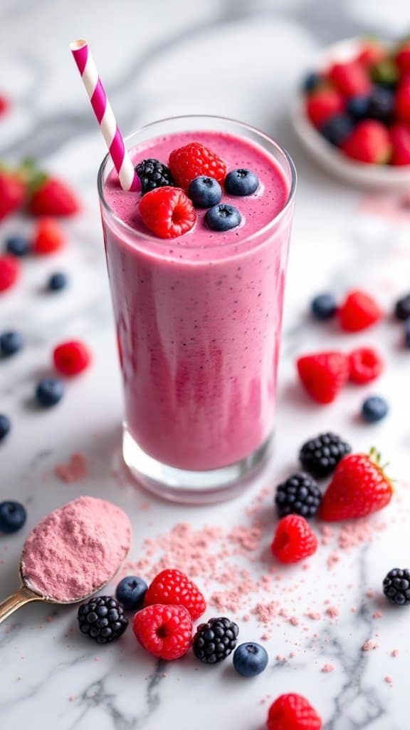 A colorful berry protein smoothie in a glass, surrounded by fresh berries and a spoonful of protein powder.