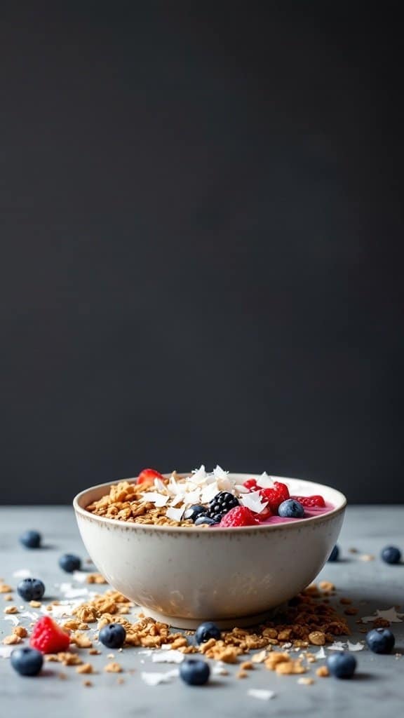 A Berry Smoothie Bowl topped with fresh berries and granola.