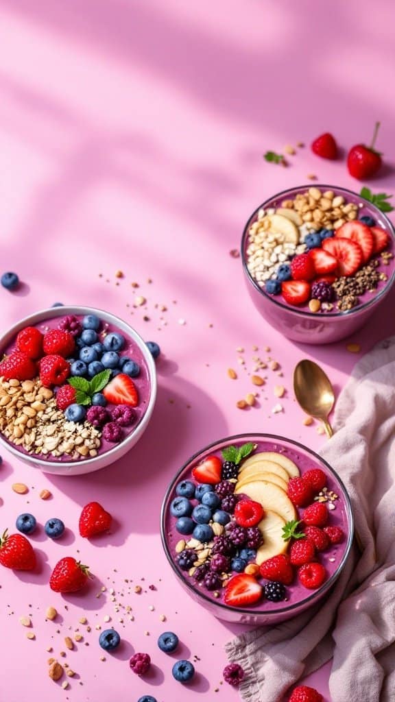 Three colorful berry smoothie bowls topped with various fruits, nuts, and seeds, set against a pink background.
