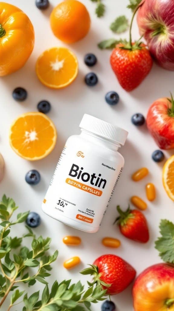A colorful display of fresh fruits and vegetables with biotin supplements