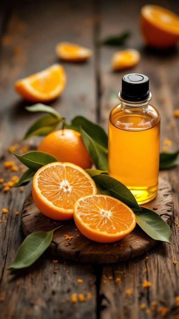 Bitter orange extract in a bottle with fresh oranges and leaves on a wooden surface