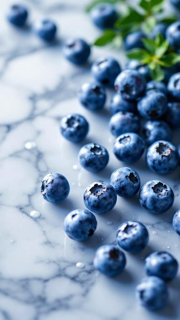A close-up image of fresh blueberries scattered on a marble surface