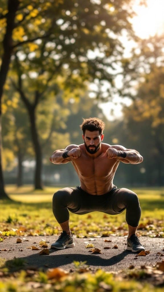 A fit person performing bodyweight squats outdoors, surrounded by trees and warm sunlight.