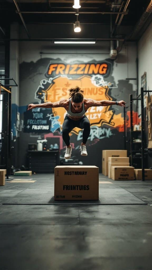 A person performing a box jump in a vibrant gym setting