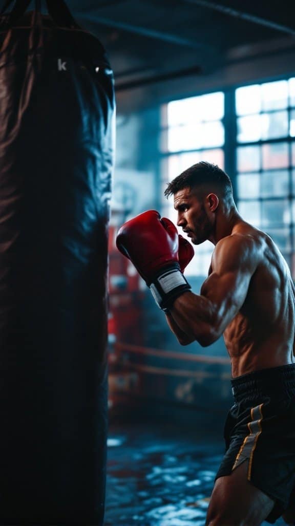 A man training with a heavy bag in a boxing gym, showing focus and strength.