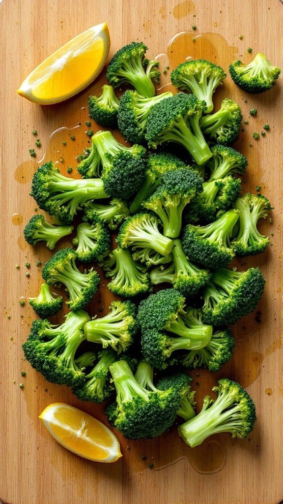 Fresh broccoli florets on a cutting board with a slice of lemon