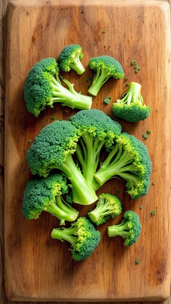 Fresh broccoli florets on a wooden cutting board
