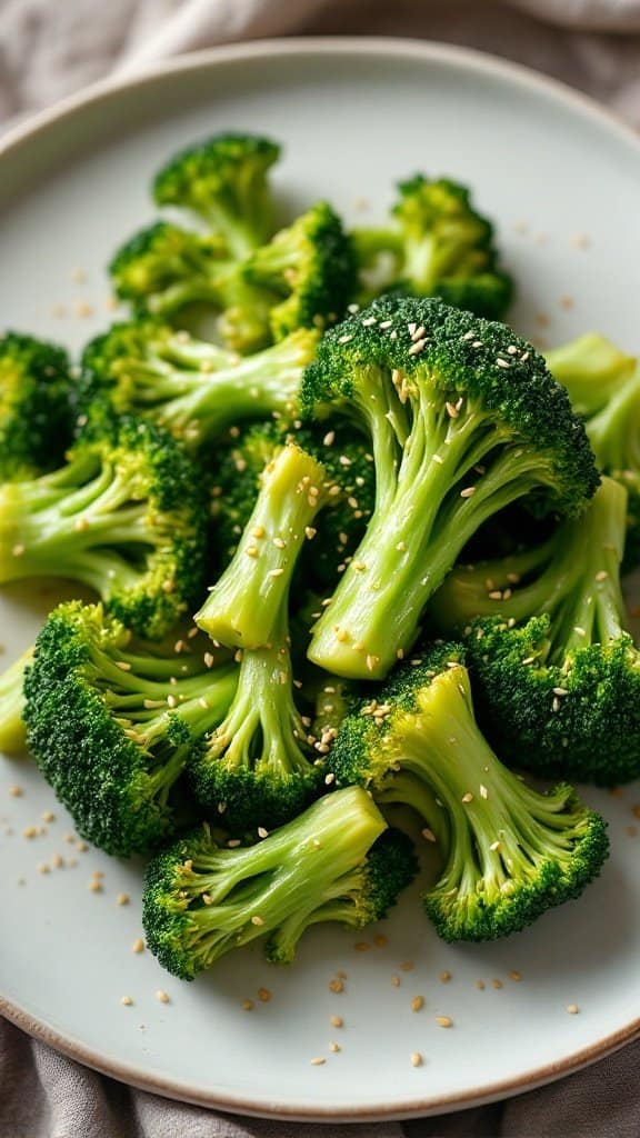 A plate of steamed broccoli topped with sesame seeds
