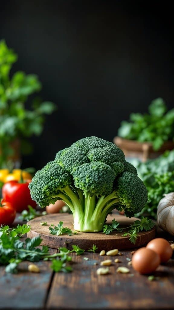 Fresh broccoli on a wooden cutting board surrounded by vegetables and herbs.