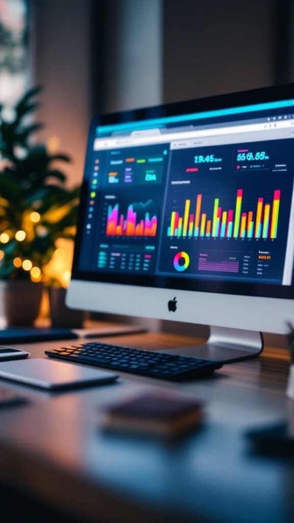 A desktop computer showing colorful graphs and data on budgeting software.