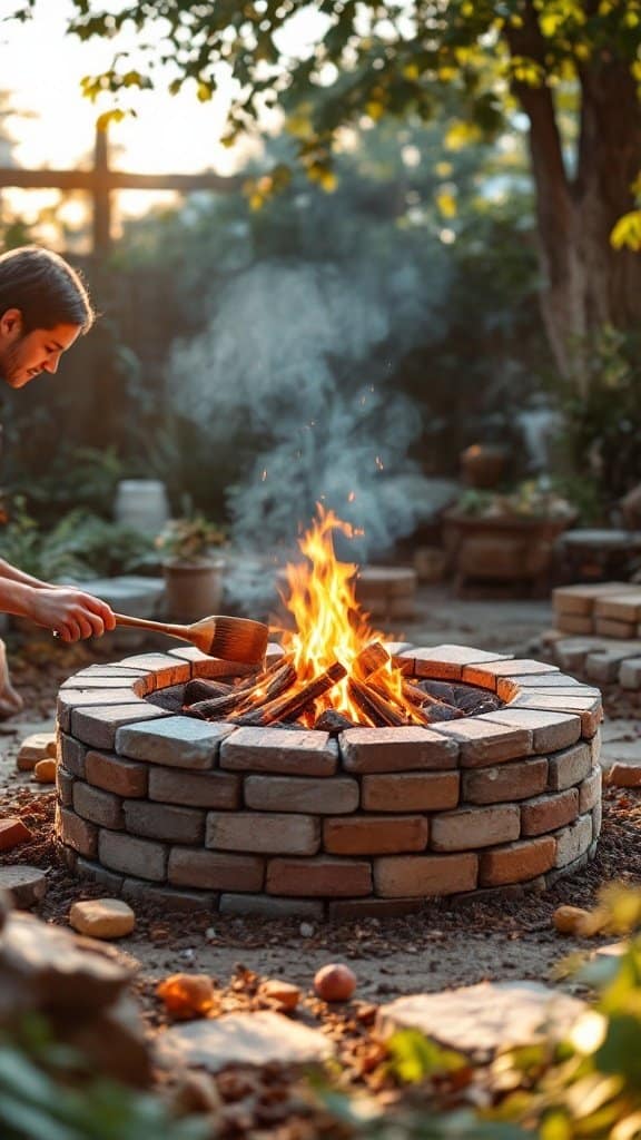 A person tending to a fire pit made of bricks, surrounded by greenery in an outdoor setting.