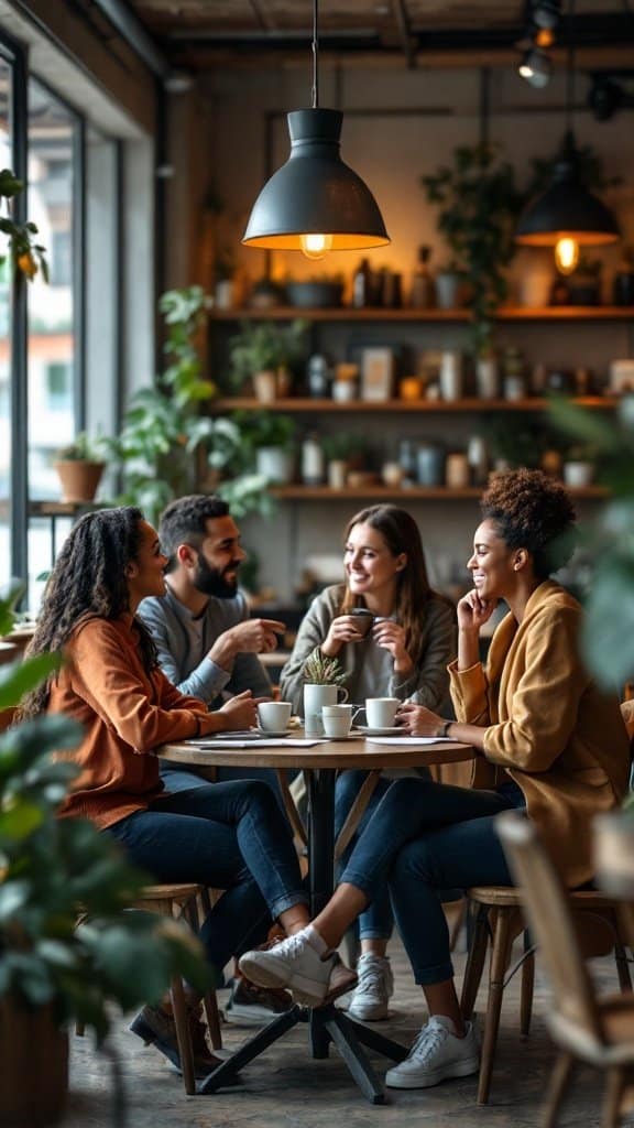 A group of four friends enjoying coffee and conversation in a cozy café setting
