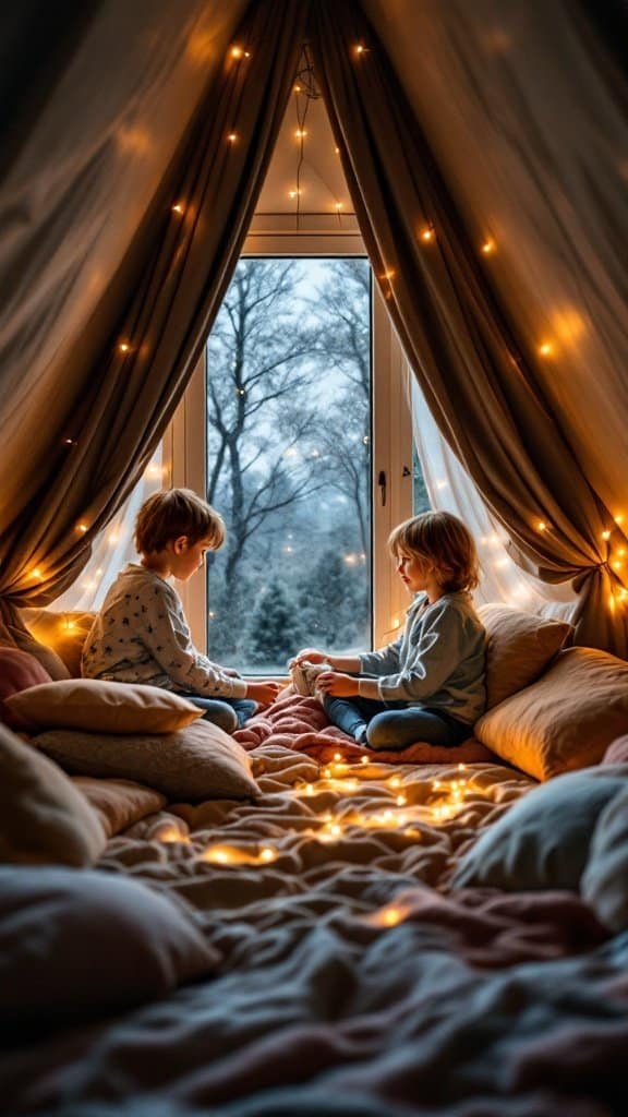 Two children sitting inside a cozy pillow and blanket fort with fairy lights.