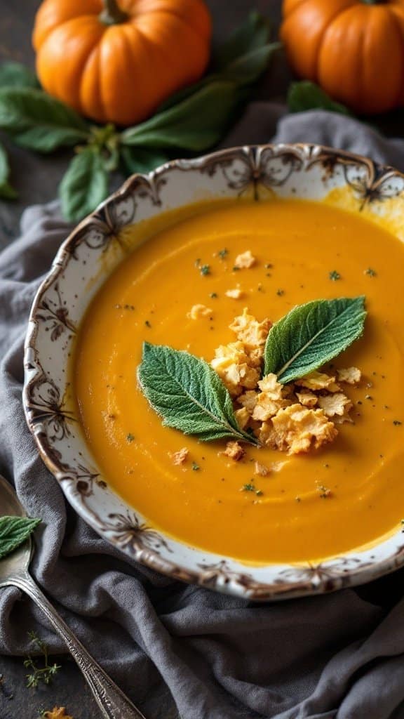 A bowl of creamy butternut squash soup topped with sage leaves and crunchy bits, with pumpkins in the background.