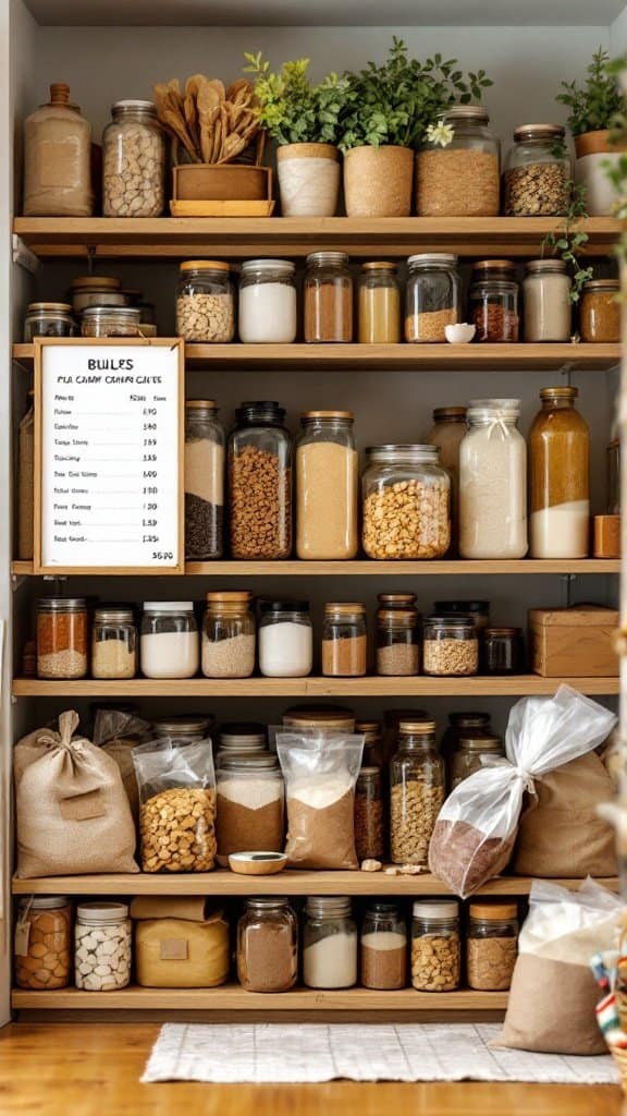 A well-organized bulk pantry showcasing jars and bags of various ingredients.