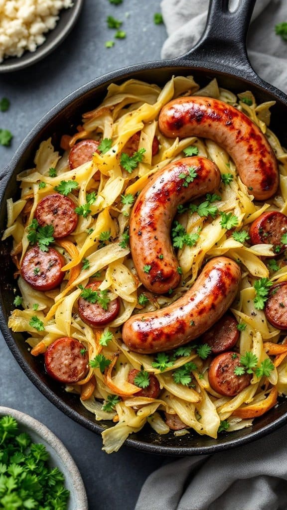 A skillet filled with sautéed cabbage, sliced sausages, and fresh parsley.