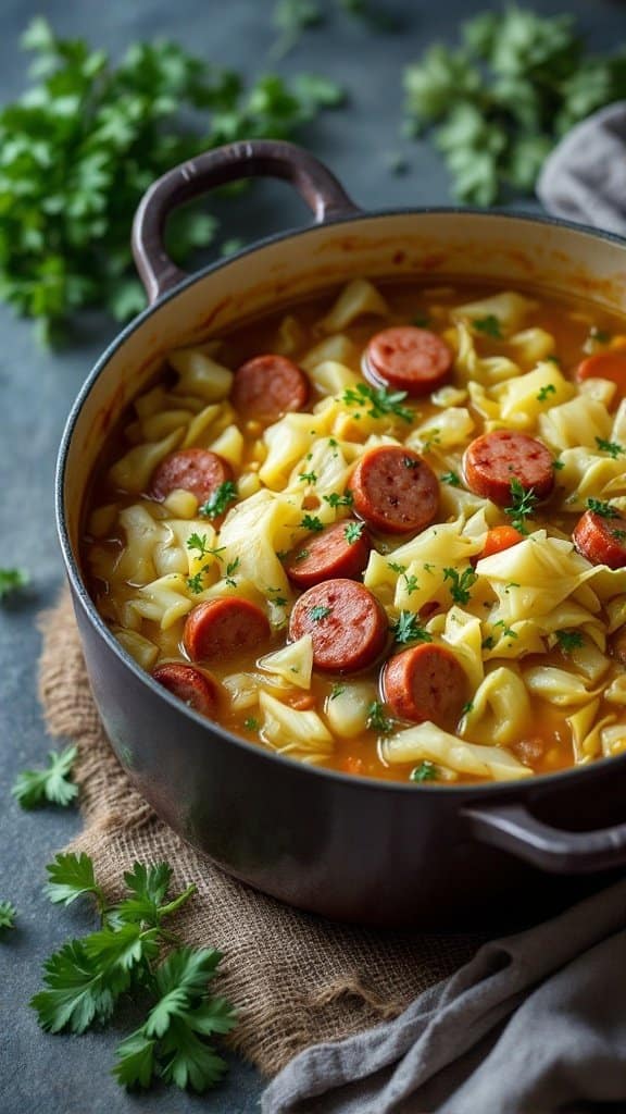 A pot of cabbage and sausage soup with noodles and parsley on top, surrounded by fresh cilantro.