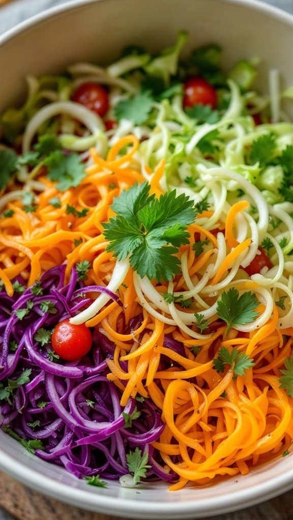 A colorful bowl of spiralized vegetables, including cabbage, carrots, and tomatoes, garnished with fresh herbs.