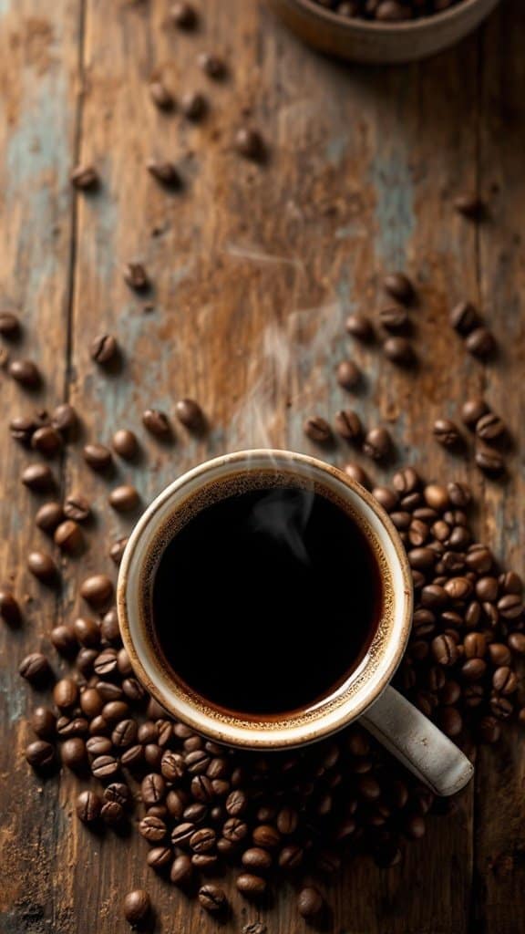 A cup of coffee on a rustic wooden table surrounded by coffee beans