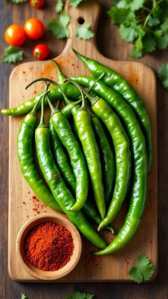 Fresh green chilies and red chili powder on a wooden cutting board