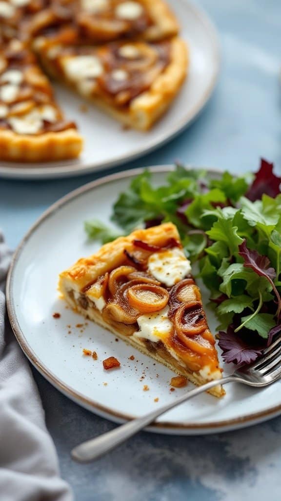 A slice of caramelized onion and goat cheese tart on a white plate, with a side salad.