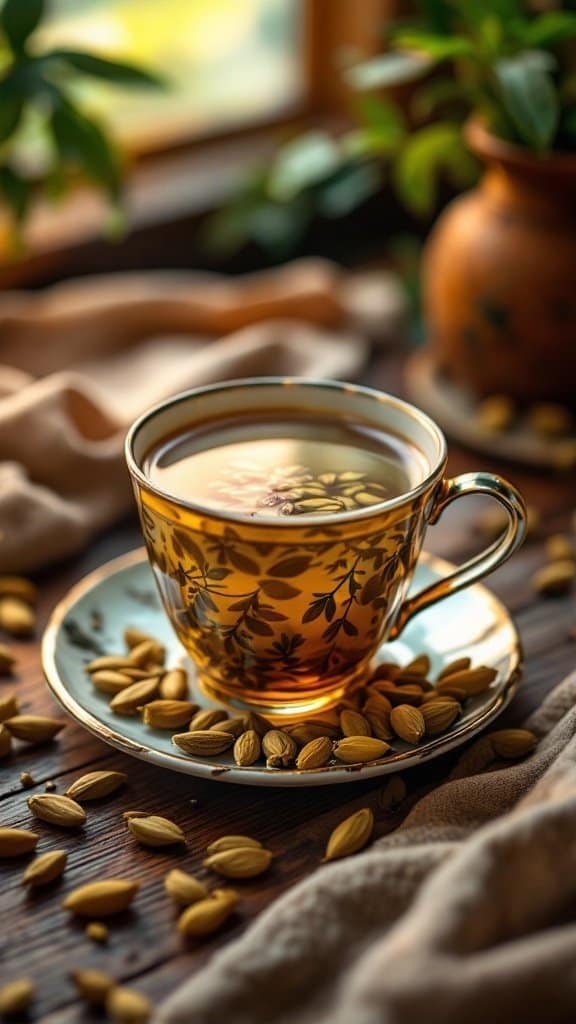 A beautifully designed cup of cardamom tea surrounded by cardamom pods, with a cozy background.