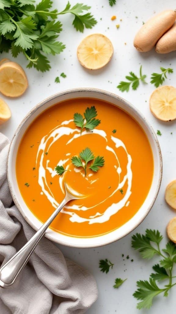 A bowl of carrot and ginger soup garnished with fresh herbs, surrounded by lemon slices and herbs.
