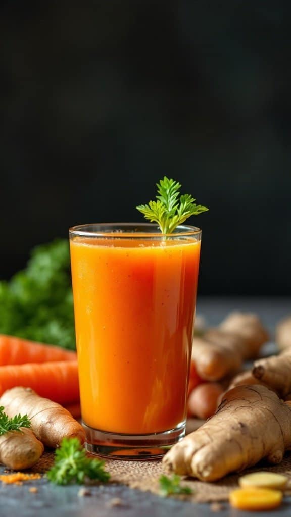 A glass of Carrot and Ginger juice surrounded by fresh carrots and ginger root.