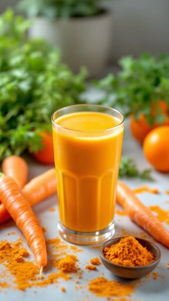 A glass of Carrot Orange Smoothie with turmeric, surrounded by fresh carrots and oranges.