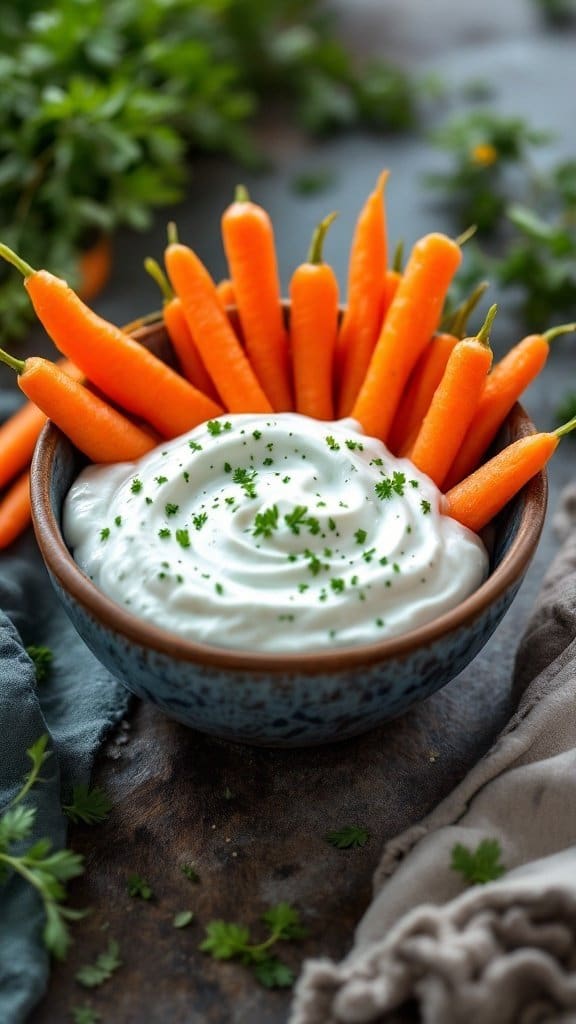 A bowl of tzatziki dip surrounded by fresh carrot sticks, garnished with parsley.