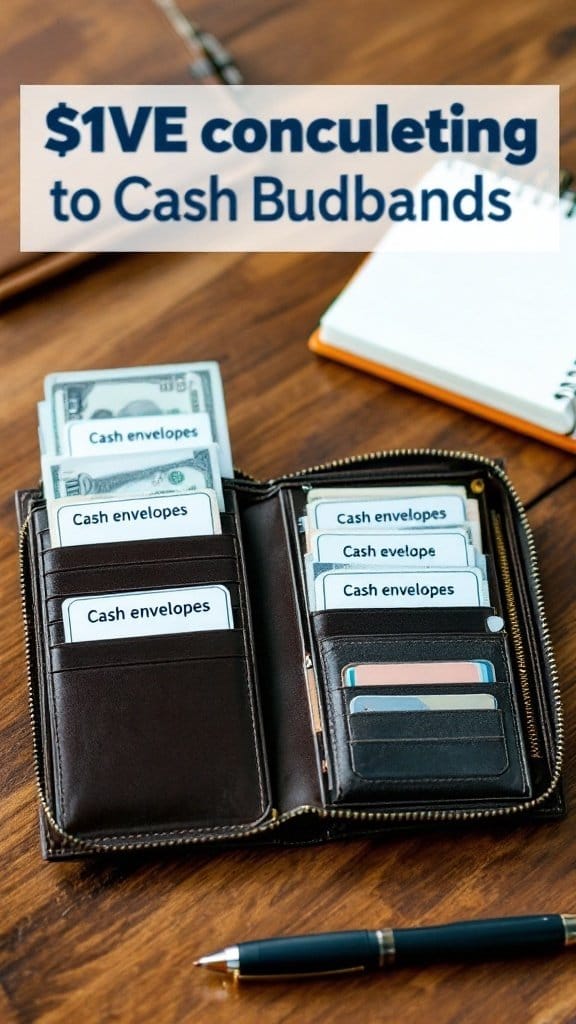 A wallet filled with labeled cash envelopes for budgeting purposes
