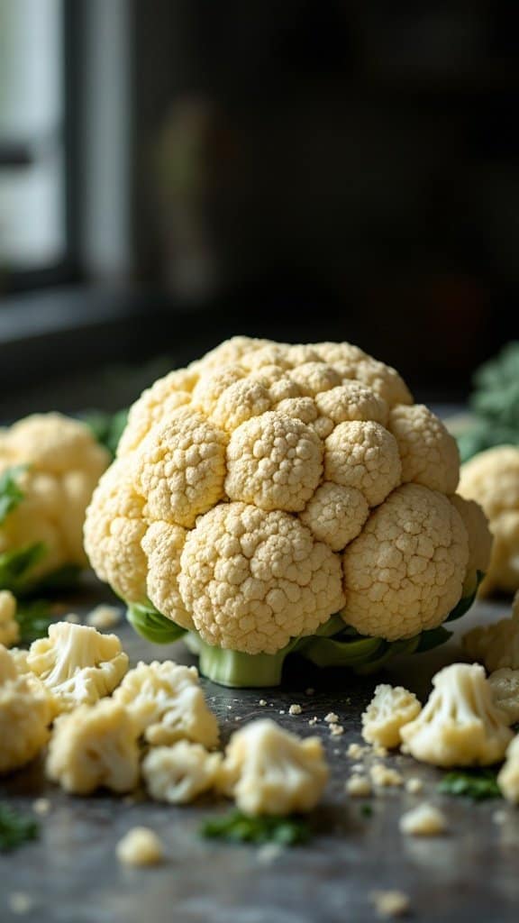 Fresh cauliflower head with florets scattered around on a surface.