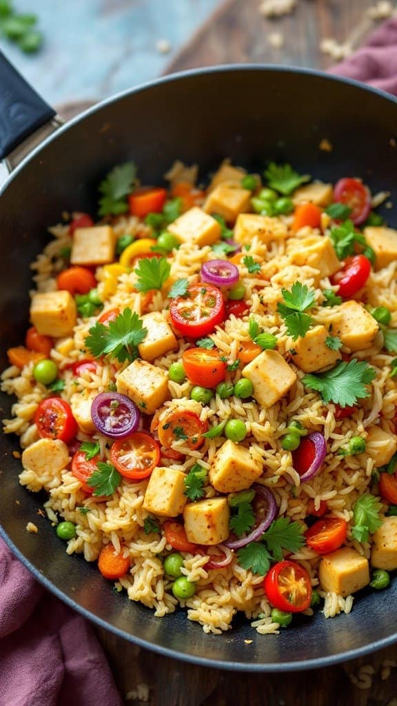 A colorful bowl of cauliflower rice stir-fry with vegetables and protein.