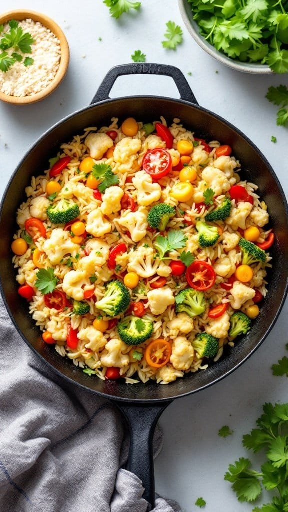 A colorful cauliflower rice stir-fry with mixed vegetables and fresh herbs in a skillet.
