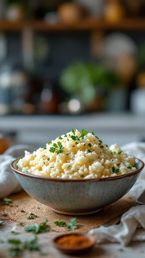 A bowl of mashed cauliflower garnished with parsley, sitting on a wooden board with a rustic background.