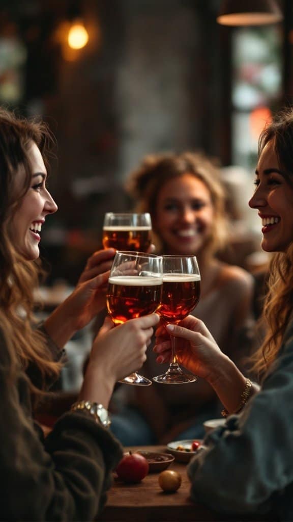 Three friends celebrating with drinks, smiling and toasting together, signifying resolved conflicts and friendship.