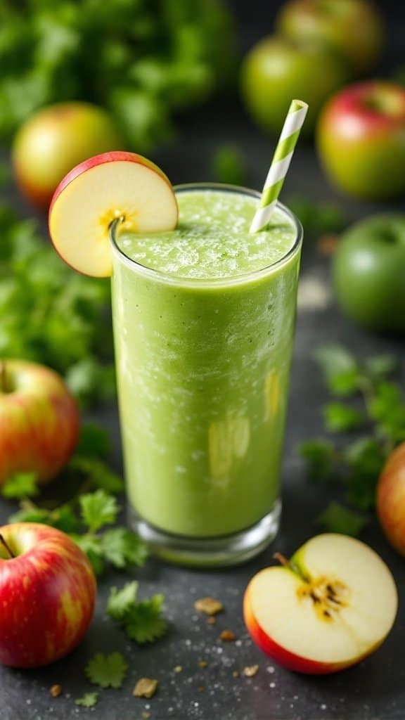 A green smoothie with apple slice and straw, surrounded by green and red apples and leafy greens.