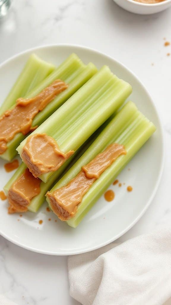 Plate of celery sticks topped with peanut butter