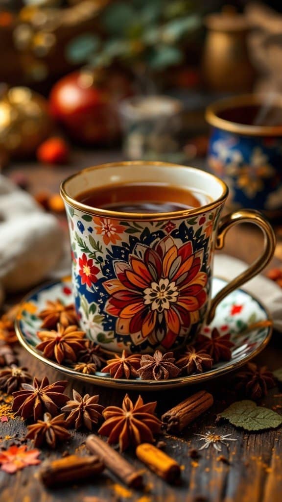 A beautifully designed cup of chai tea surrounded by star anise and cinnamon sticks.