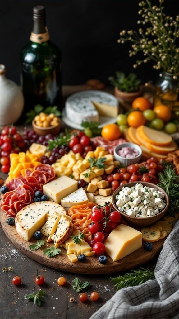 An inviting cheese and charcuterie board featuring various cheeses, cured meats, fruits, and nuts, perfect for a Valentine's Day party.